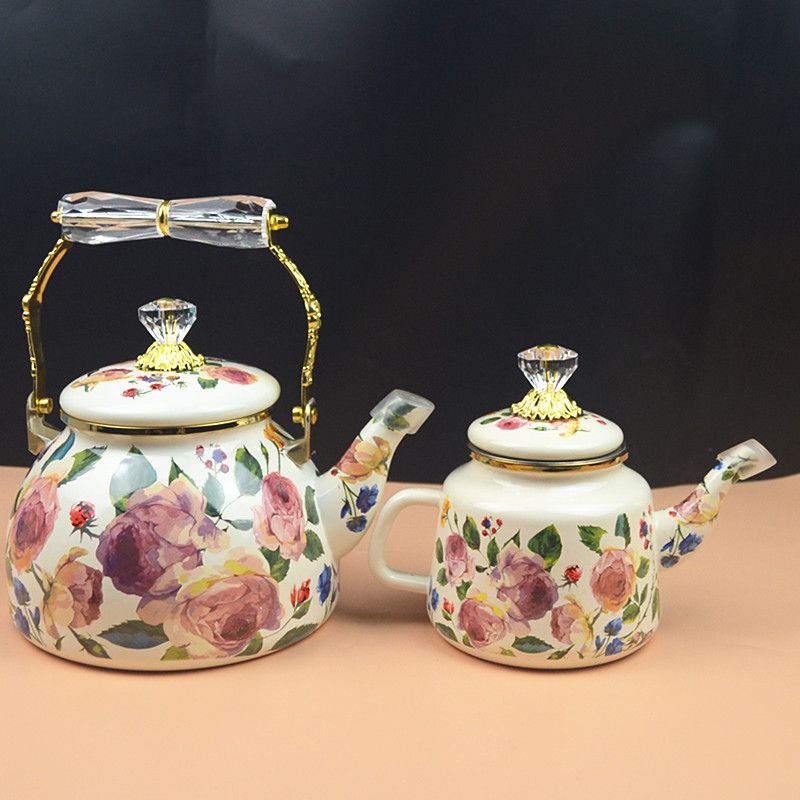 Vintage Coffee Equipment - 빈티지 유화 장미 에나멜 주전자, 가정용