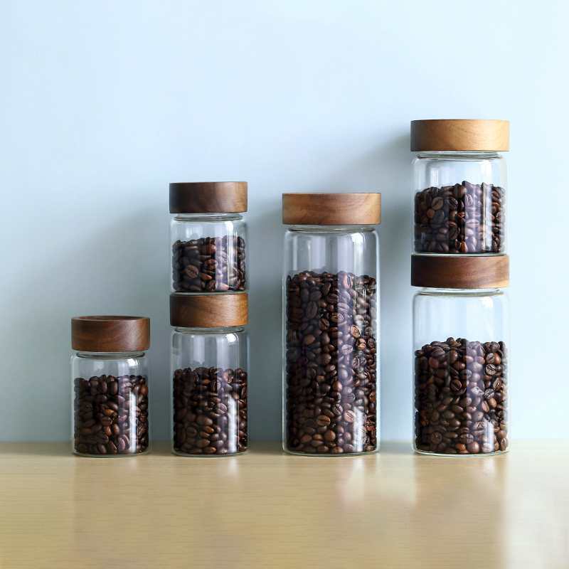Coffee Equipment Tools - 유리관 커피콩 보관 용기 나무 뚜껑이